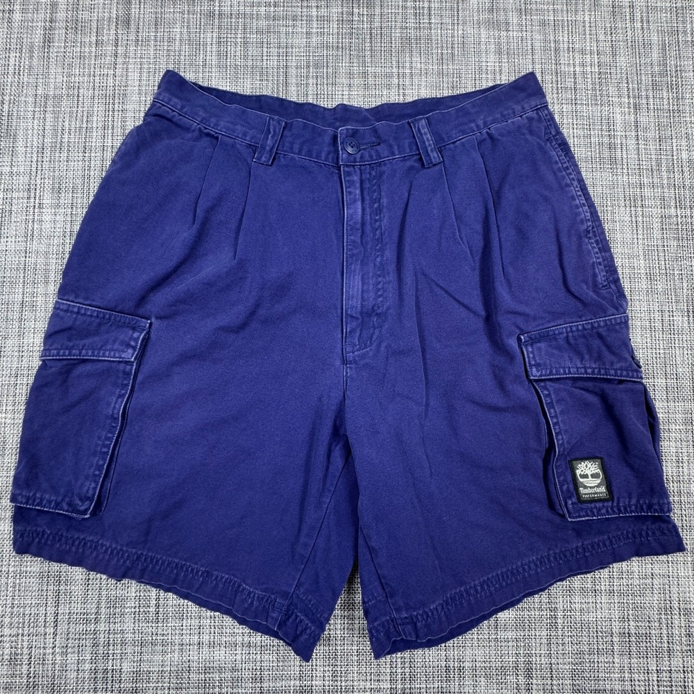 Timberland Mens Cargo Shorts 33 Blue Performance Cotton Canvas Pleated Outdoor